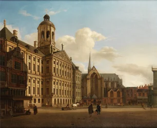 Blick auf den Damm mit dem Rathaus in Amsterdam